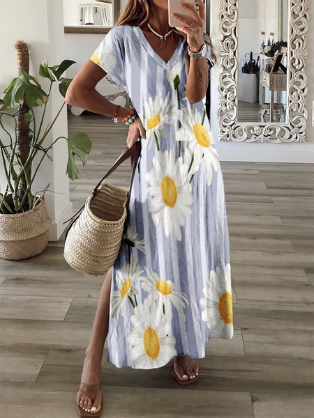 

Floral Striped Casual V Neck Short Sleeve Plus Size Knit Dress, White-blue, Maxi Dresses