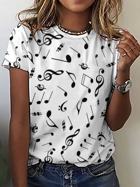 

Casual Simple Music Note Print Round Neck Short Sleeve T-shirt, Black-white, T-shirts