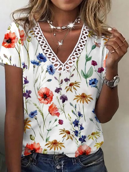 

Casual Vacation V Neck Floral Printed Short Sleeve T-Shirt, White, Blouses & Shirts