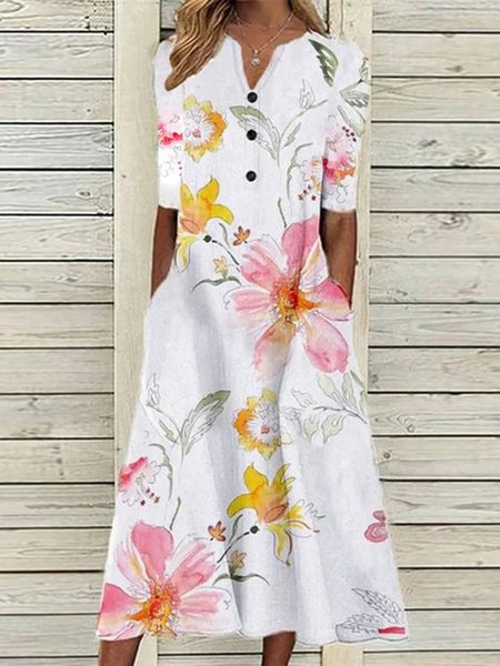 

Floral Casual V Neck Half Sleeve Buttoned Pockets A-line Dress, White, Midi Dresses