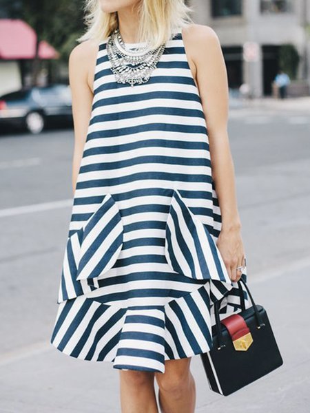 

Crew Neck Simple Loosen Sleeveless Mini Dress, White, Midi Dresses