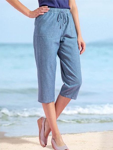 

Wash denim plain elastic waist pocket loose pants Capri plus size, Denim blue, Pants