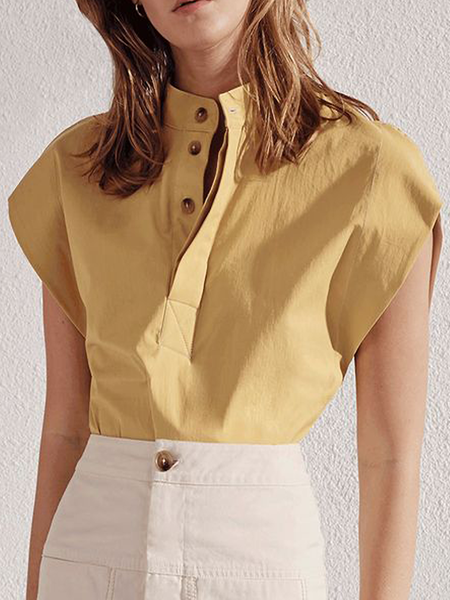 

Summer Lightweight Plain Casual Stand Collar Short Sleeve Daily Blouse, Khaki, Blouses and Shirts