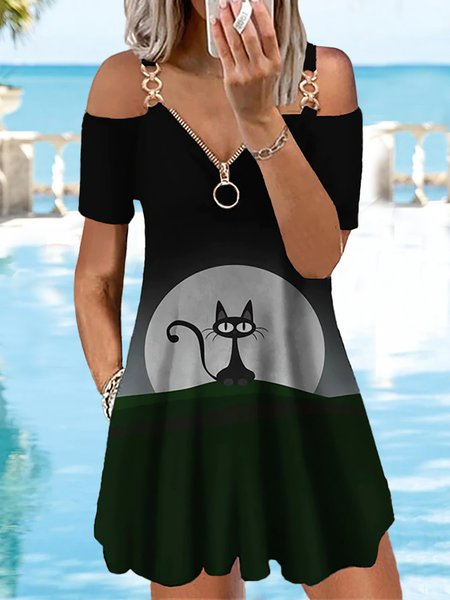 

Vaion Casual Printed Zipper V-Neck Off Shoulder Casual Mini Dresses, Black, Dresses