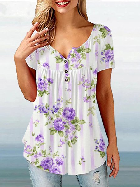 

Floral Casual Short Sleeve Tops, Purple, Tunics
