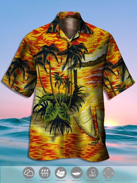 

Men's Coconut Tree Print Casual Moisture Absorbent Breathable Fabric Hawaiian Short Sleeve Shirt, Red, Men's Floral shirt