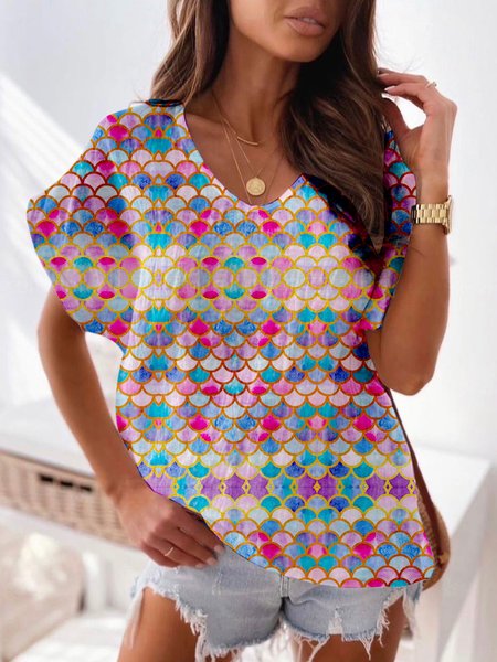 

Loosen V Neck Geometric Short Sleeve Tops, Multicolor, Shirts & Blouses