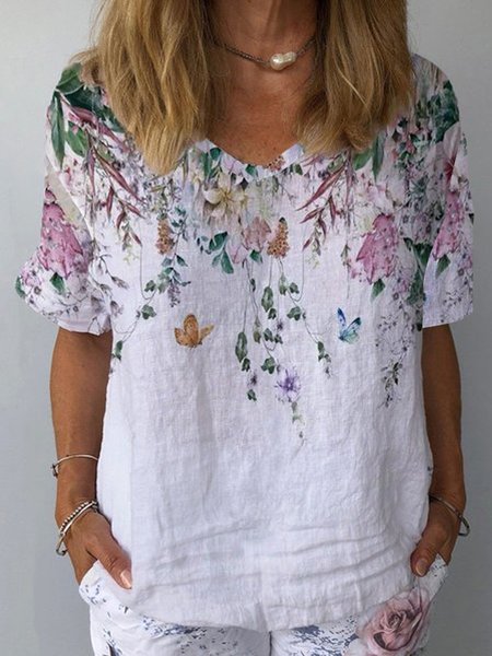 

Crew Neck Casual Short Sleeve Tops, White, Tops