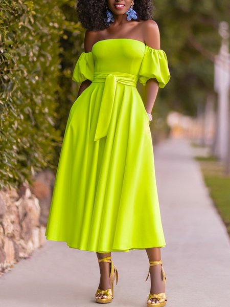 Regular Fit Puff Sleeve Elegant Plain Short Sleeve Knit Midi Dress, Yellow, Maxi Dresses
