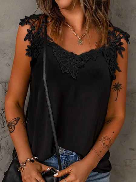 

Guipure Lace Patch Top, Black, Tanks & Camis