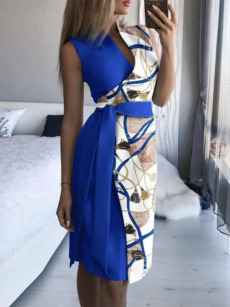 

Abstract Regular Fit Elegant Sleeveless Midi Dress, Blue, Midi Dresses
