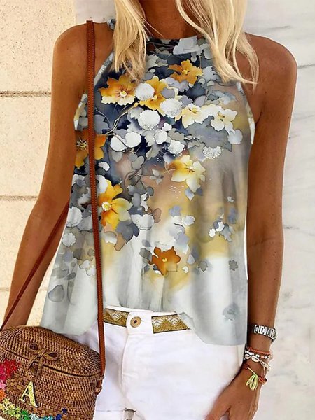 Casual Floral Knit, Flower, Tank Top