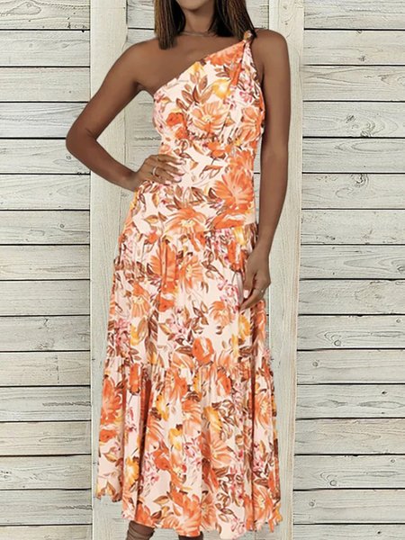 

Floral Casual One Shoulder Sleeveless A-line Dresses, Orange, Midi Dresses