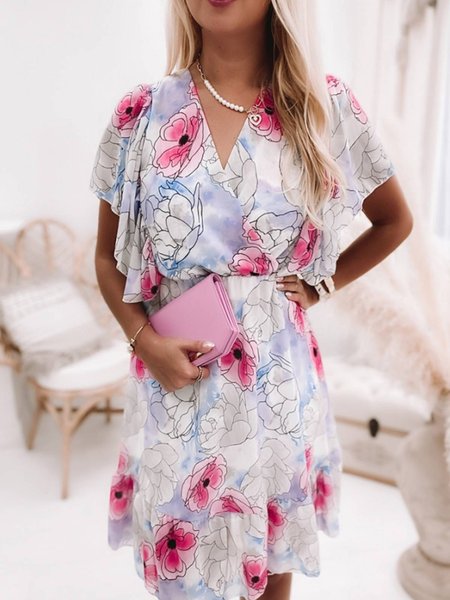 

Floral V Neck Short Sleeve Dress, Pink, Mini Dresses