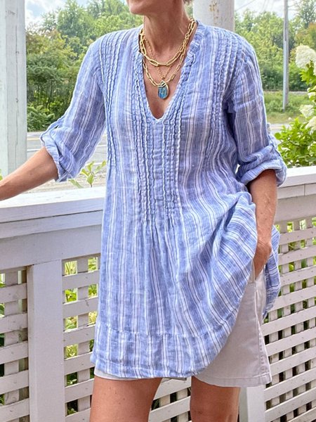 

V Neck Casual Striped Long Sleeve Tops, Blue, Tunics