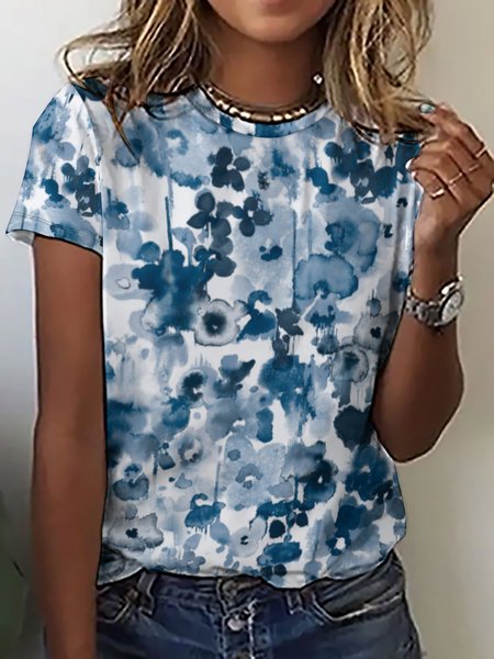 Casual Abstract Print Crew Neck Short Sleeve T-Shirt, As picture, T-shirts