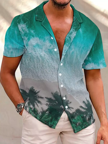 

Men’s Casual Short Sleeve Seaside Print Hawaiian Shirt, As picture, Short Sleeves Shirts