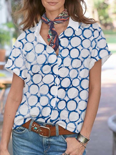 

Geometric Printed Casual Vacation Short Sleeve Blouse, White, Blouses & Shirts