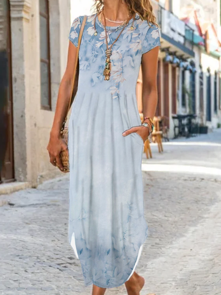 

Loosen Casual Short Sleeve Knit Dress, Grey-blue, Maxi Dresses