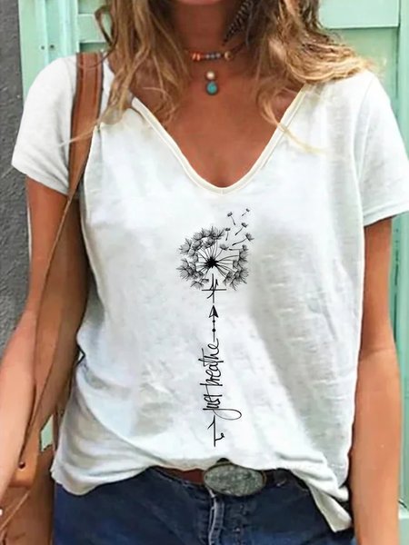 

Just Breathe Short Sleeve V Neck Plus Size Printed Tops T-shirts, White, T-Shirts