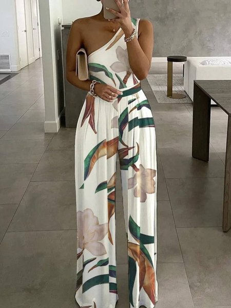 

Plants Print One Shoulder Wide Leg Jumpsuits, Apricot, Jumpsuits