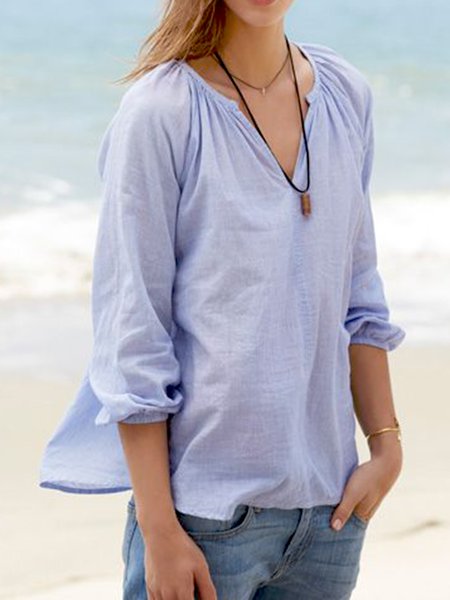

V Neck Basics Long Sleeve Tops, Light blue, Blouses & Shirts