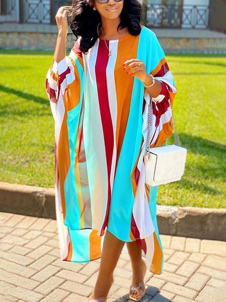 

Striped Oversize Vacation Long Sleeve Woven Midi Dress, Multicolor, Midi Dresses