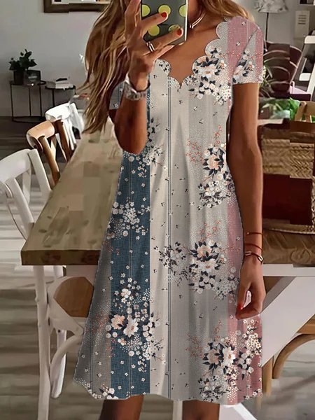 

Casual Floral V Neck Short Sleeve Knit Dress, Multicolor, Dresses
