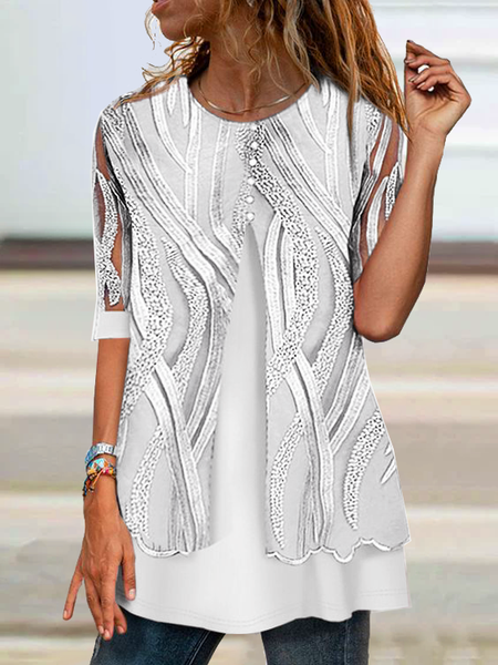 

Mesh Embroidered Loosen Short Sleeve Tops, White, Tops