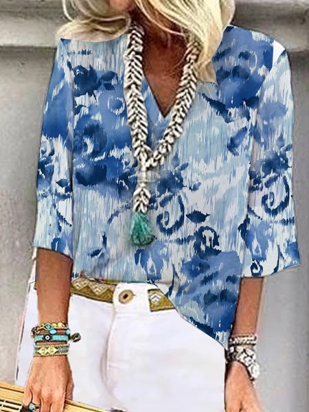 

Vintage pattern ink loose top T-shirt plus size, Blue, Tops