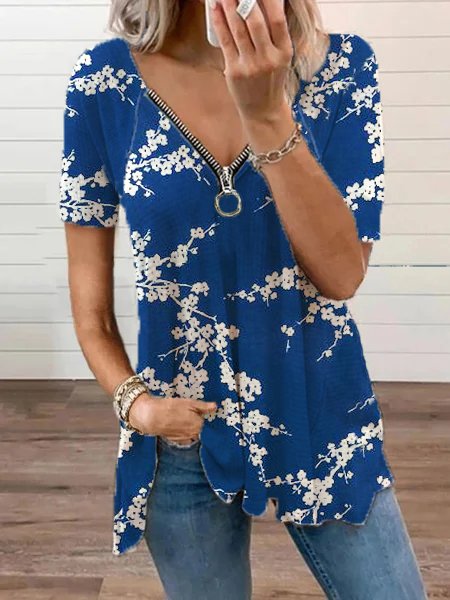 

Zipper V Neck Casual Floral Short Sleeve Tops, Blue, Tops