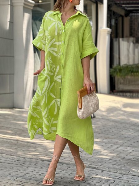 

Shirt Collar Vacation Plants Half sleeve Woven Dress, Green, Midi Dresses