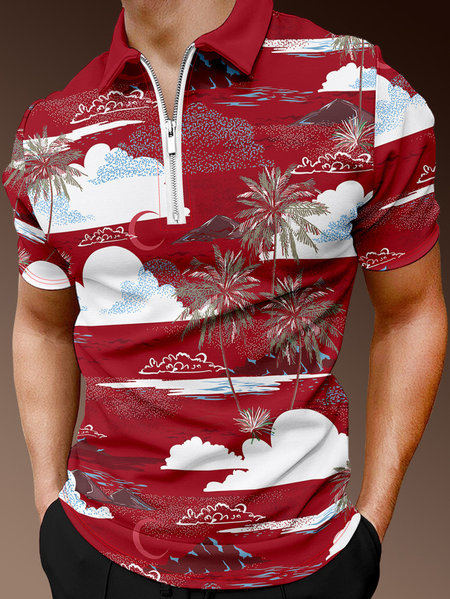 

Resort Style Hawaii Series Leaves Coconut Tree Elements Lapel Short-Sleeved Polo Print Top, Red, Men's t-shirts