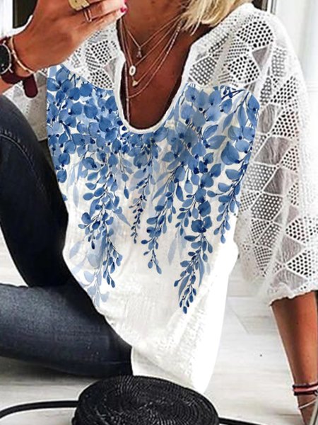 Leaves Floral Casual V Neck Regular Fit Short Sleeve Tops, White, Shirts & Blouses