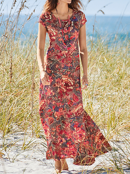 

Plus size Casual Short Sleeve Floral Dress, Red, Maxi Dresses