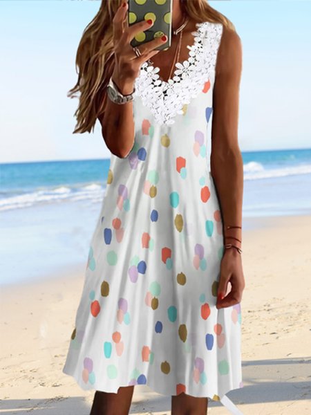 

Casual Polka Dots Sleeveless Knitting Dresses, White, Mini Dresses
