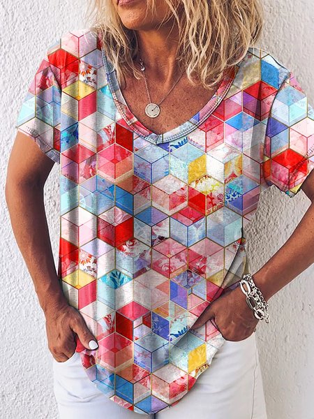 

Casual Regular Fit V Neck Short Sleeve T-Shirt, Multicolor, T-Shirts