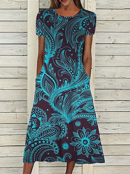 

Paisley Crew Neck Short Sleeve Knit Dress, Blue, Dresses