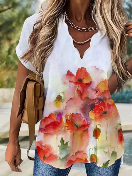 

Floral Short Sleeve V Neck Plus Size Printed Tops, White, Tops