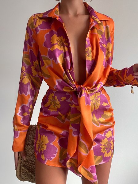 

Shirt Collar Floral Sexy Long Sleeve Woven Mini Dress, Orange, Mini Dresses