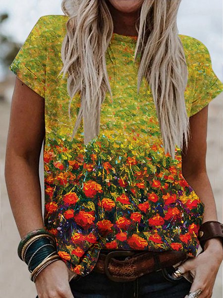 

Vintage Floral Oil Painting Design Short Sleeve Top, Yellow, T-Shirts