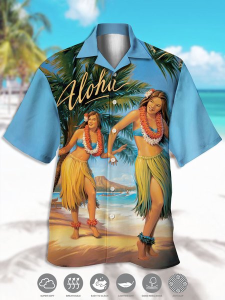 

Men's Ocean Coconut Tree Print Casual Moisture Absorbent Breathable Fabric Hawaiian Short Sleeve Shirt, Blue, Men's Floral shirt