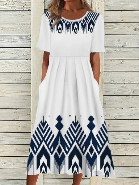 

Casual Geometric Round Neck Short Sleeve Dress, White, Midi Dresses