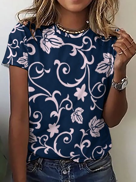 

Casual Ethnic Floral Print Short Sleeve Crew Neck T-Shirt, As picture, T-shirts