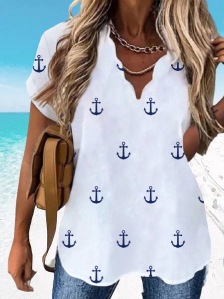 

Women's Tunic Top Plain Short Sleeve V Neck Printed Streetwear Daily Vacation Polyester Summer Fall Blouse, White, Tops