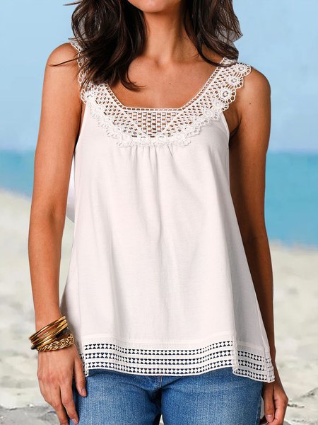 

Summer Lace Stitching Top, White, Tanks & Camis