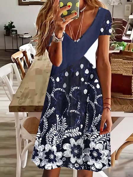 

V Neck Floral Short Sleeve Knit Dress, Navy blue, Mini Dresses