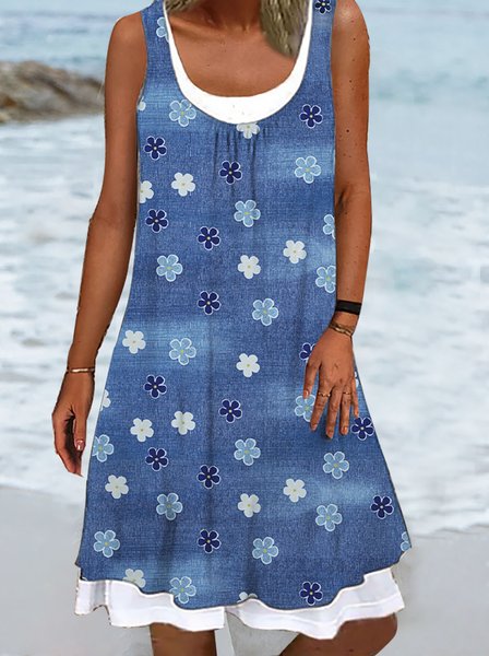 

Faux Denim Floral Design Fake Two Piece Dress, Blue, Mini Dresses