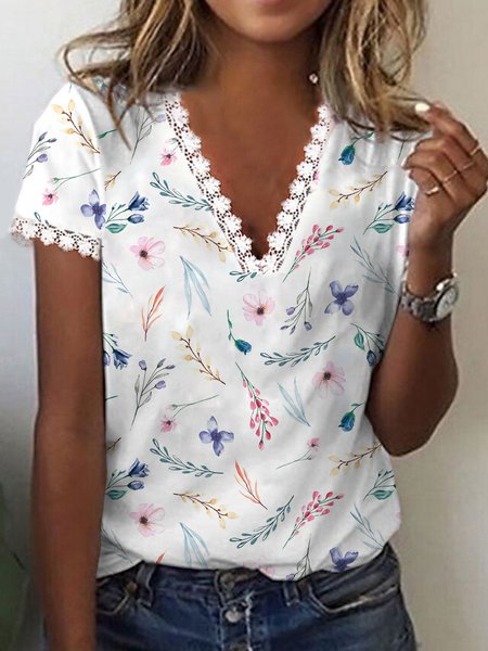 

V neck Regular Fit Casual Floral Lace Short Sleeve T-Shirt, White, T-Shirts