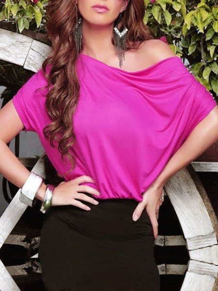 

Boat Neck Vacation Short Sleeve Tops, Rose red, Tops